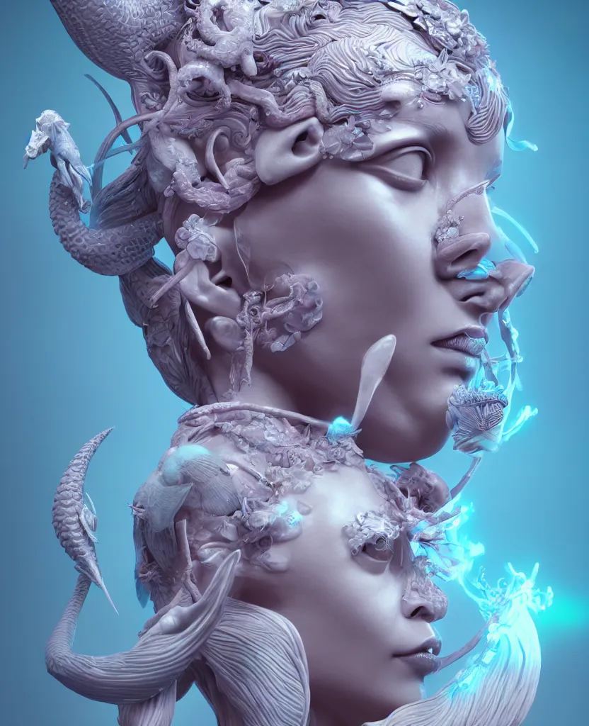 Prompt: goddess sculpture close-up portrait. orchid bird phoenix head, nautilus, skull, betta fish, bioluminiscent creatures, intricate artwork by Tooth Wu and wlop and beeple. octane render, trending on artstation, greg rutkowski very coherent symmetrical artwork. cinematic, hyper realism, high detail, octane render, 8k