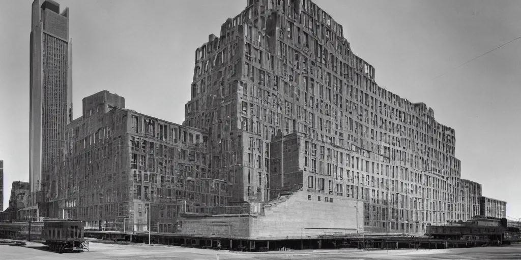 Prompt: wide angle photo of futurist building in the style of a new york central hudson locomotive. i. m. pei and corbusier.