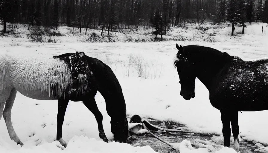 Image similar to 1 9 6 0 s movie still close up of marcus aurelius + horse frozen to death under the snown by the side of a river with gravel, pine forests, cinestill 8 0 0 t 3 5 mm b & w, high quality, heavy grain, high detail, texture, dramatic light, anamorphic, hyperrealistic, detailed hair, foggy