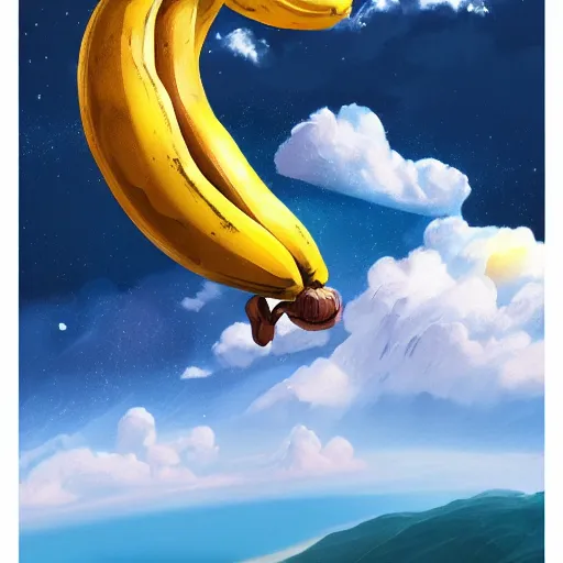 Image similar to a stunning wide angle view a banana jumping from a cliff into space, highly detailed clouds, artistic composition, sharp focus, intricate concept art, digital painting, colorful flat surreal design, hd, 8 k, artstation, ambient lighting