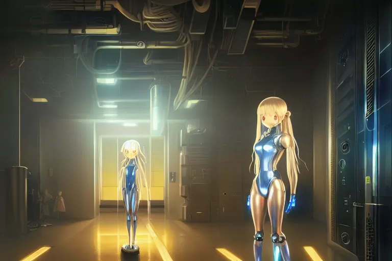 Image similar to datacenter room connects cables young robot server android baroque oil painting finely detailed perfect face flowing long fiberoptics blonde hair robot eyes blue. anime shinkai takeuchi key visual of character concept art metal female robot body suit pixiv fanbox, painted by greg rutkowski