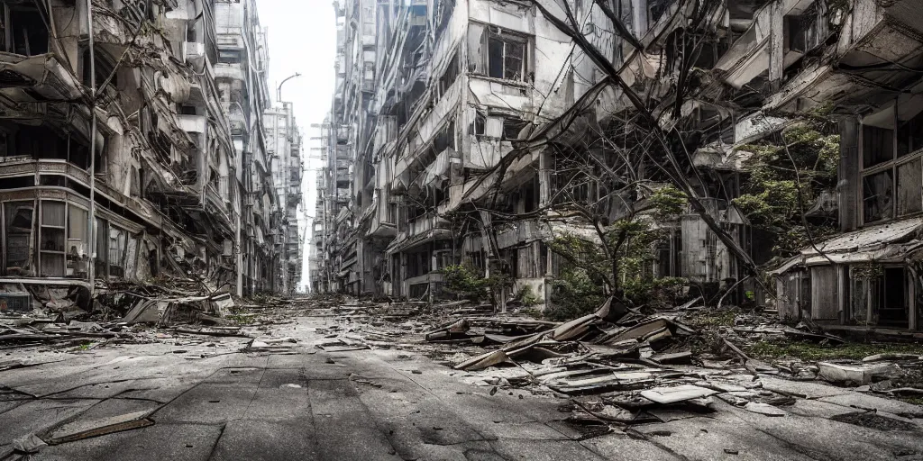 Prompt: An abandoned, post-apocalyptic Tokyo, buildings in ruins. HD worth1000.com photography, award winning photos from the apocalypse, historical archive, National Geographic. Favorites on Deviantart, Trending on Artstation