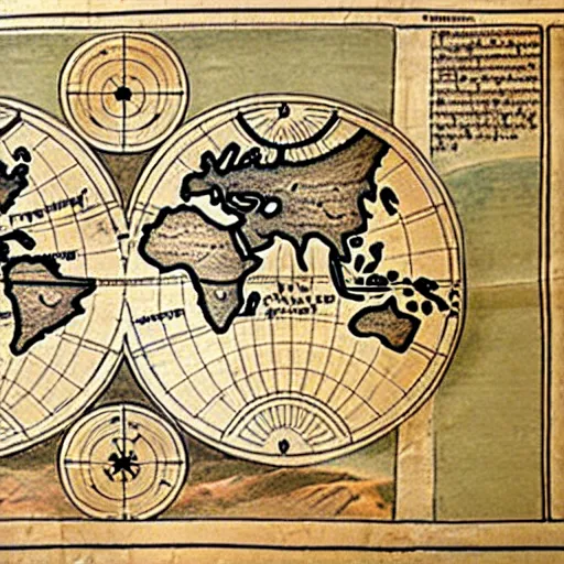 Prompt: detailed map of a planet teeming with ancient history, printed on parchment, 8 k