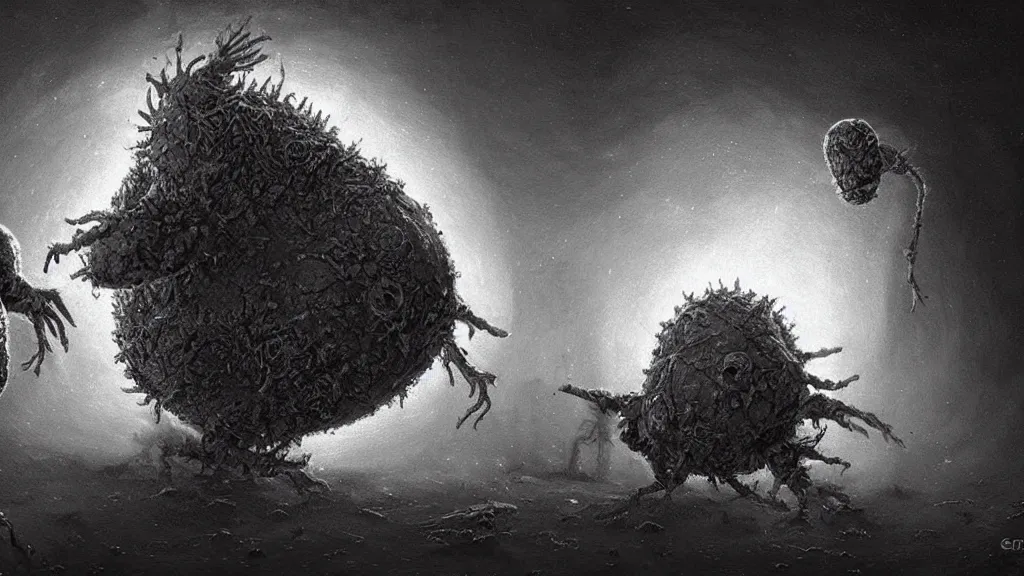 Image similar to a beautiful microscopic scientific photo of a coronavirus and a strange life form seen through an electron microscope, dark, sinister, detailed, art by Greg Rutkowski