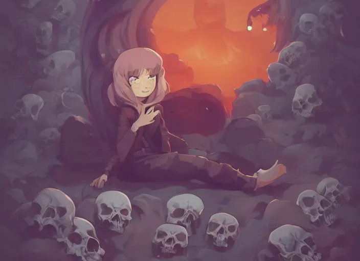 Image similar to cute smiling demon sitting on a pile of skulls. clean cel shaded vector art. behance hd by lois van baarle, artgerm, helen huang, by makoto shinkai and ilya kuvshinov, rossdraws, illustration, art by ilya kuvshinov