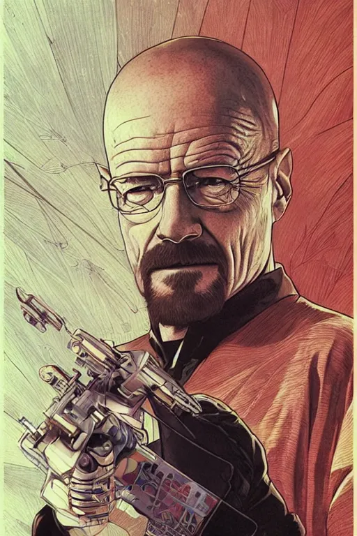 Image similar to Walter White as a confident space wizard, sci-fi, high details, intricate details, by vincent di fate, artgerm julie bell beeple, 90s, inking, vintage 60s print, screen print