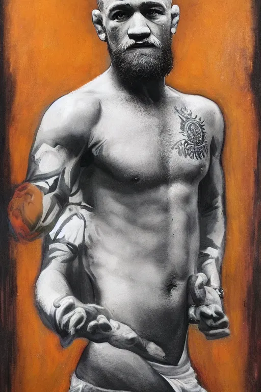 Image similar to full body portrait of conor mcgregor as mahatma gandhi, oil on canvas by william sidney mount, hindu art, great soul, irish folk, trending on artstation