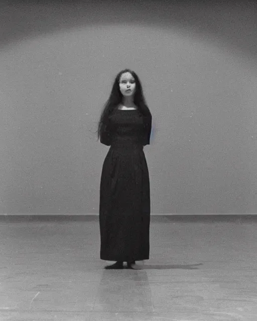 Image similar to a beautiful but horrifying young woman wearing an austere dress is standing in a vast and empty gallery. blood is on the walls, and the moon is shining through the windows. photographed in the 1 9 7 0 s, baroque painting