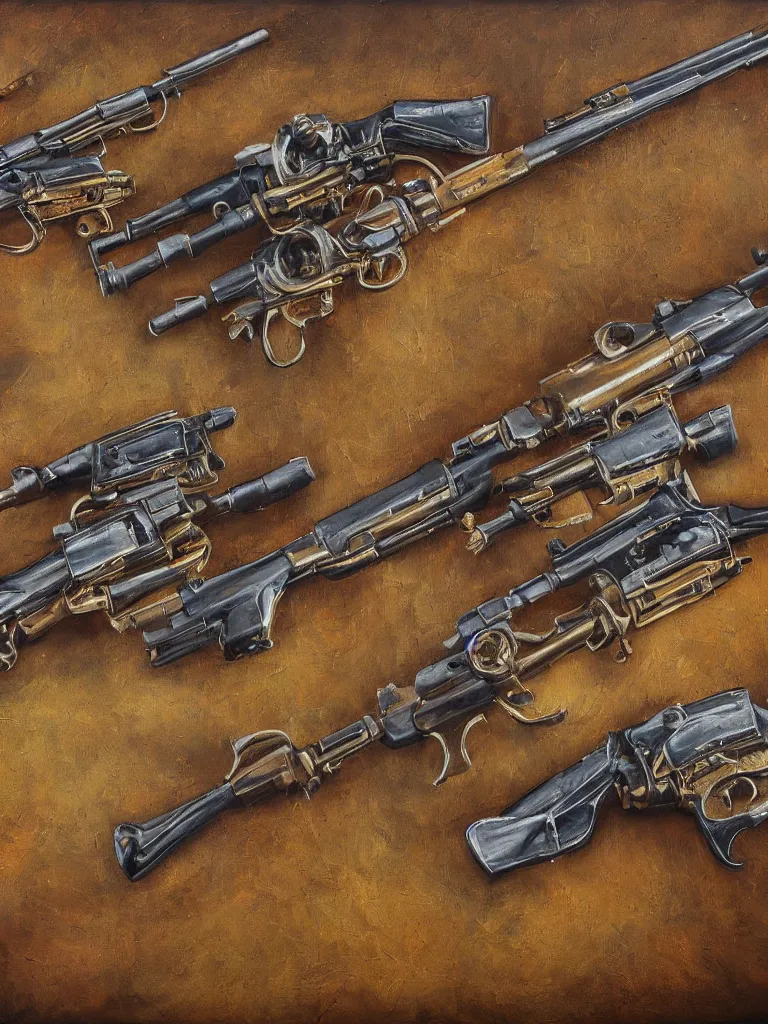 Prompt: detailed oil painting of machine guns shotguns rifles revolvers bullets on a wall, ultrarealistic, intricate details, 4k