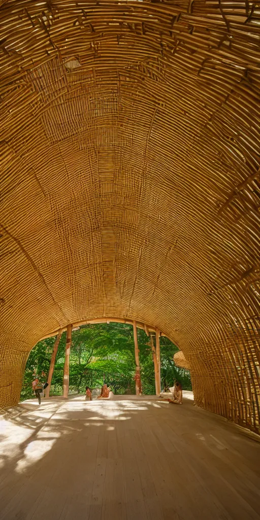 Prompt: inside small pavilion made of bamboo. complex curved vaulting structure. a large crowd at a party. japanese farmhouse, 4 k, 8 k. volumetric lighting.