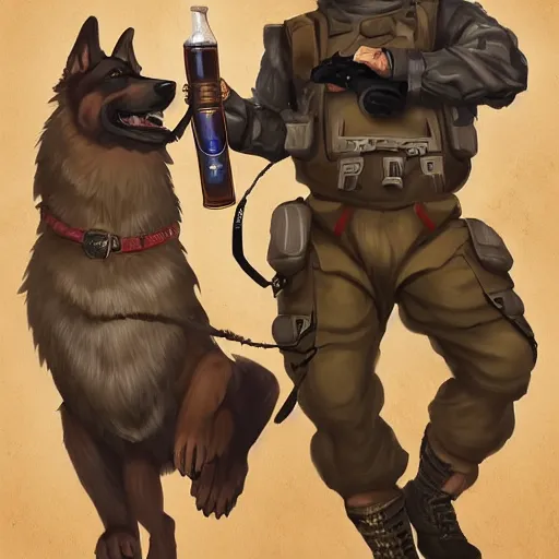 Image similar to two humanoid german shepherds beast - men in military style, they holding a beer, artstation, concept art, smooth, sharp foccus ilustration, artstation