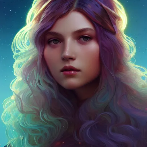 Image similar to aurora, girl with super long hair, hair becoming bright stars, intricate, highly detailed, digital painting, artstation, concept art, smooth, sharp focus, illustration, unreal engine 5, 8 k, art by artgerm and greg rutkowski and alphonse mucha