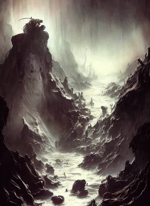 Image similar to shackled in styx river of the underworld, frank frank frazetta and cgsociety, stunning sasquatch, blood splatters, charlie bowater and tom bagshaw, insanely detailed, deviantart, space art, atoms surrounded by skulls, death, and spirits flying, water fall, horror, sci - fi, surrealist painting, by peter mohrbacher