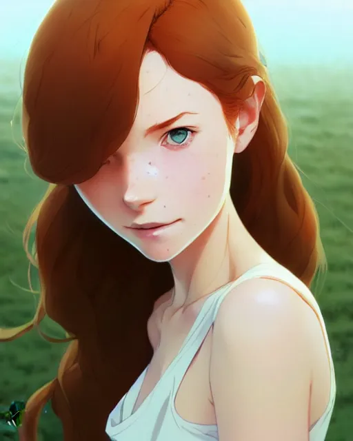 Image similar to young southern woman, freckle, ginger hair, sad cerulean eyes, simple cream dress, detailed perfect face, mid view, by artgerm, by studio muti, greg rutkowski makoto shinkai takashi takeuchi studio ghibli