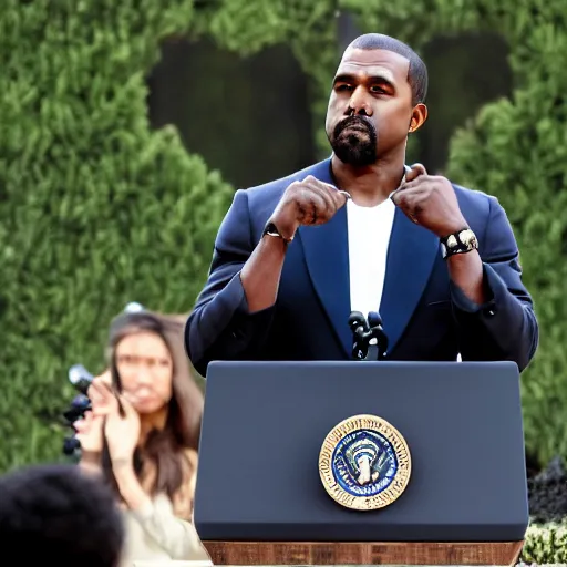 Image similar to president kanye west giving a speech at the white house