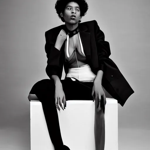 Image similar to realistic photoshooting for a new balenciaga lookbook color film photography portrait of a beautiful woman model wearing a black harness blazer, photo in style of tyler mitchell