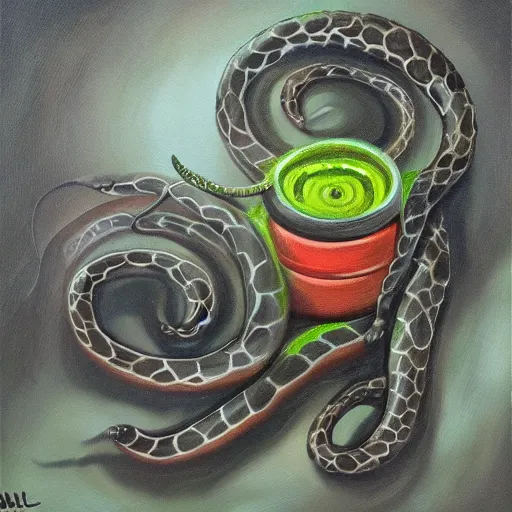 Image similar to 🐍🎧☢, oil painting