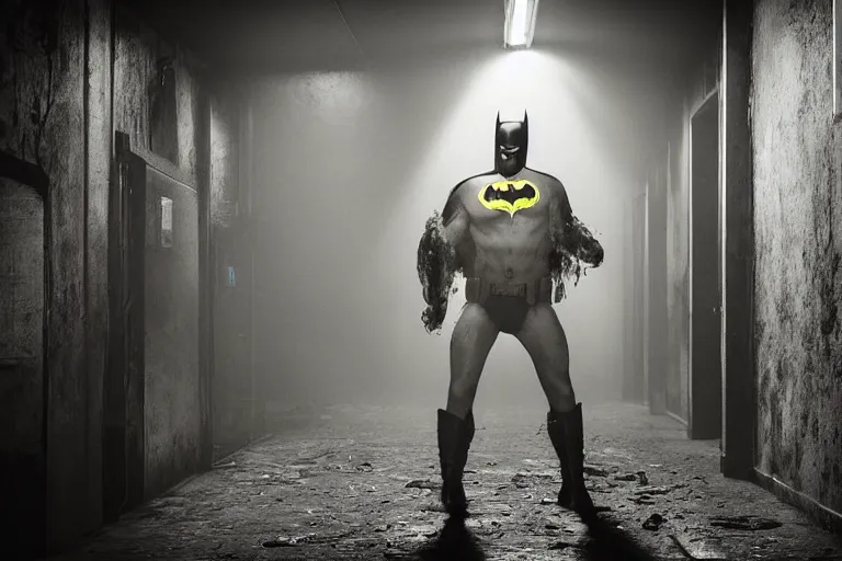 Prompt: batman covered in beer, chasing through old brown decrepit hallway, creepy smile, atmospheric eerie lighting, photorealistic face, dim lighting, bodycam footage, motion blur, photography