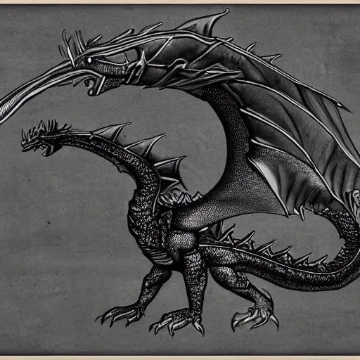 Image similar to blueprint of a fantasy dragon on papyrus