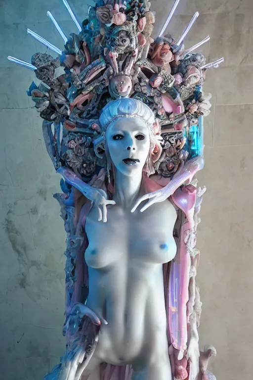 Prompt: photo of full-body baroque and cyberpunk delicate neon crystalline sculpture of ((beautiful feminie albino Italian princess )) as an onyx humanoid deity wearing ((peach plastic hooded cloak)) (holding an onyx skull) in a onyx aztec temple, reclining, glowing blue face, crown of (pink lasers), large blue diamonds, swirling black silk fabric. futuristic elements. oozing glowing liquid, full-length view. space robots. intricate artwork by caravaggio. Trending on artstation, octane render, cinematic lighting from the right, hyper realism, photorealistic, octane render, 8k, depth of field, 3D