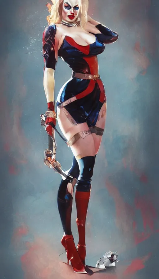 Prompt: margot robbie as harley quinn in a pin - up pose by artgerm, greg rutkowski and alphonse mucha, concept art, matte, intricate, full body