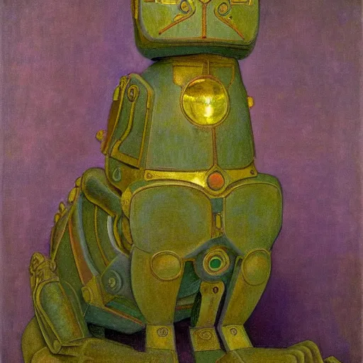 Image similar to ornate robot cat, by annie swynnerton and diego rivera and nicholas roerich and jean delville, symbolist, dramatic lighting, elaborate geometric ornament, art brut, colors are soft greens and blues and purple, smooth, sharp focus, extremely detailed, adolf wolfli and ( donato giancola )