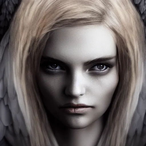 Prompt: very pretty blond female angel with large wings in a dark cave, perfect symmetrical face, shallow depth of field, moody lighting, 8 k, concept art, in the style of martina fackova,