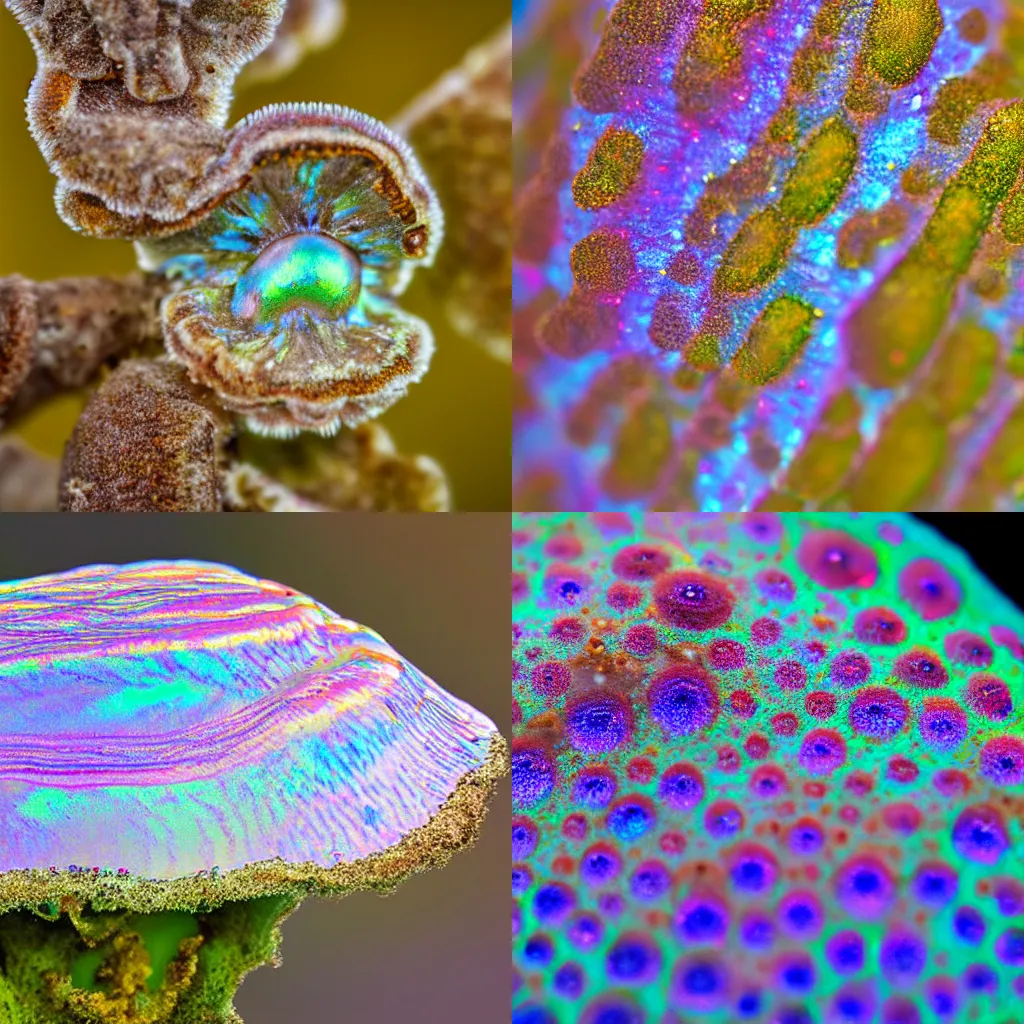 Prompt: macro photography myxomycetes iridescent