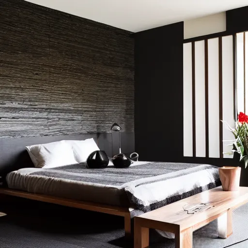 Image similar to bedroom, stone, interior design, stylish luxury hotel bedroom design, yakisugi, black vertical slatted timber, textures, feminine, black walls, art, Japanese pottery vase with flowers, kakejiku, seasonal, Japanese influences