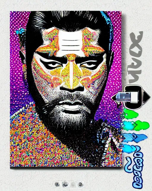 Image similar to flamboyant bling rhinestones & lame hardman ronin samurai grizzled unshaven Toshiro Mifune fullwide angle warrior stance, Swarovski dot pointillist oilpastels black paper, detailed art graphic art poster by Felipe Pantone