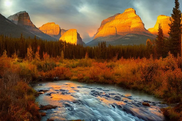 Prompt: an epic landscape painting of rundle mountain in alberta canada, at sunset in autumn, with a small river in the foreground, painted by greg rutkowski, atmospheric, volumetric lighting, vibrant colors, rays of light, breathtaking, highly detailed