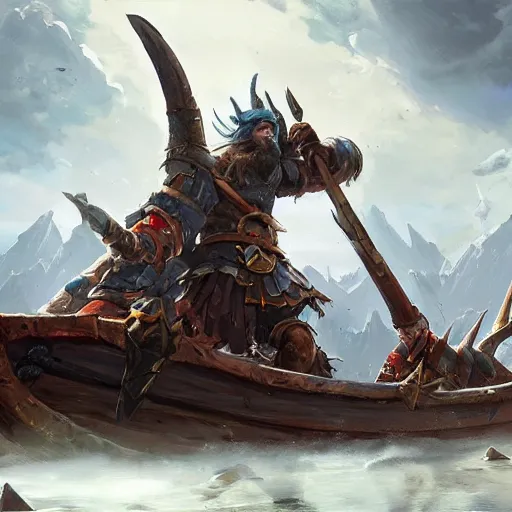 Prompt: war viking ship, viking spears and axes. arcane style, bright art masterpiece artstation. 8 k, sharp high quality artwork in style of greg rutkowski, concept art by tooth wu, blizzard warcraft artwork, hearthstone card artwork