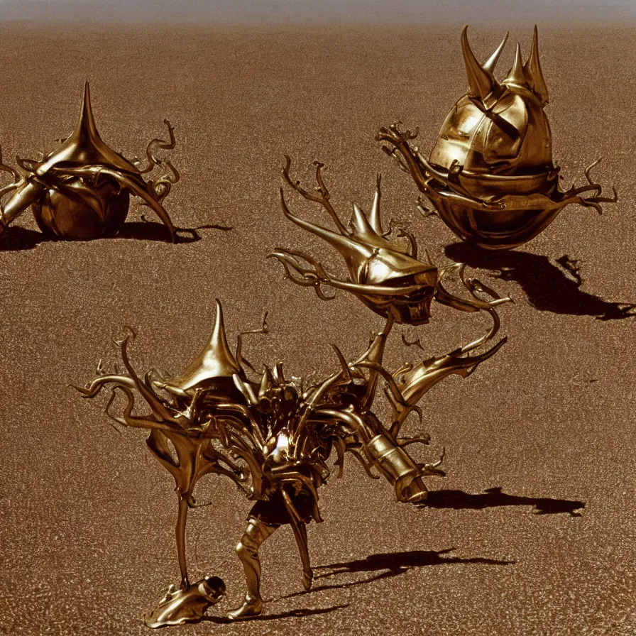 Image similar to salvador dali wearing a golden horned crown and jewels in a dry sand desert landscape, alien spaceship by giger, film still from the movie by alejandro jodorowsky with cinematogrophy of christopher doyle and art direction by hans giger, anamorphic lens, kodakchrome, very detailed photo, 8 k