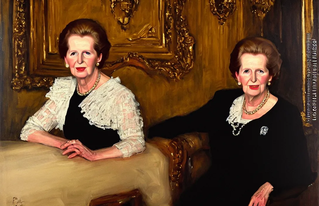 Image similar to portrait of margaret thatcher!!!!!!!!!!!!!!!!!!!!!!!!!!!, detailed face, detailed painting, detailed no. 1 0 downing street, epic lighting, by ilya repin and phil hale