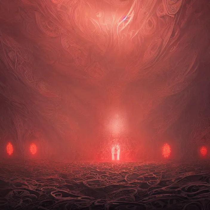 Prompt: the resonance protocols of glowing red and white fractals in a sea of eternal black darkness, stylized, detailed and intricate, elegant, ornate, beautiful digital painting, cinematic, cgsociety, Jama Jurabaev, H.R. Giger, Zdizslaw Beksinski, James jean, Noah Bradley, Darius Zawadzki, vivid colors and vibrant outlines, 8K HD