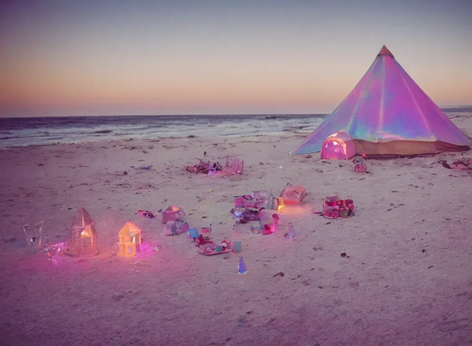 Image similar to a vintage family holiday photo of an empty beach from an alien dreamstate world with chalky pink iridescent!! sand, reflective lavender ocean water, dim bioluminescent plant life and an igloo shaped plastic transparent bell tent surrounded by holiday clutter opposite a pit with an iridescent blue flame flickering. refraction, volumetric, light.