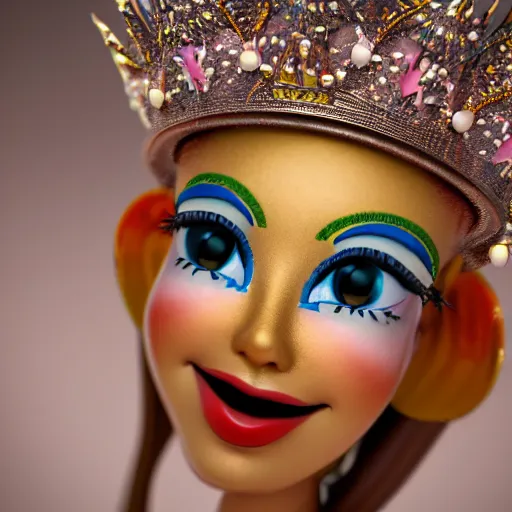 Image similar to closeup face profile portrait of a tin toy fairytale princess wearing a crown eating cakes, bikini, depth of field, zeiss lens, detailed, symmetrical, centered, fashion photoshoot by max fleischer, hyperrealistic, octane render