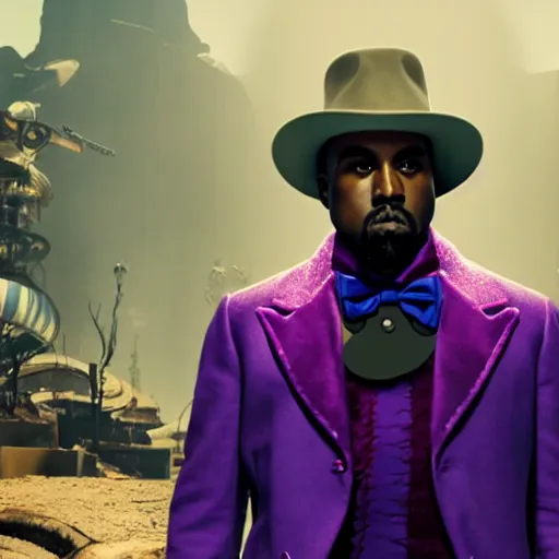Image similar to Kanye West as willy wonka in fallout new vegas, splash art, movie still, cinematic lighting, dramatic, octane render, long lens, shallow depth of field, bokeh, anamorphic lens flare, 8k, hyper detailed, 35mm film grain