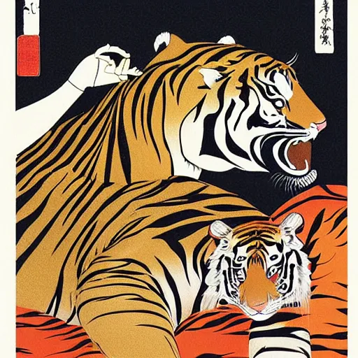 Image similar to a delorean protecting a tiger, japanese magazine collage, art by hsiao - ron cheng and utagawa kunisada