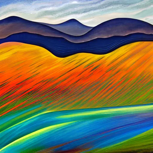 Image similar to A wild modernist landscape painting. Wild energy patterns rippling in all directions. Curves, organic. Saturated color. Mountains. Clouds. Textured surface. Rushing water.