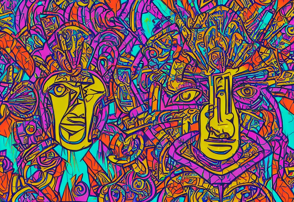 Prompt: a minimalised but ornated vivid and colorful geometric-pattern filled symmetric recogniseable face portrait of a mayan emperor. In Comic, graffity style design by Chris Dyer aka chrisdyerpositivecreations. Charachter Inspired by legendary can2 aka cantwo, köpak and salviadroid. Color palette inspired by streetartist fatheat.