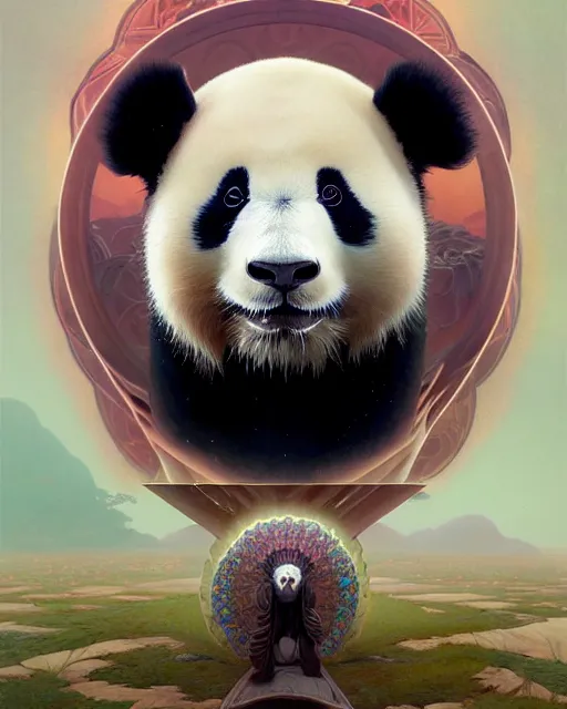 Prompt: highly detailed surreal vfx portrait of a sacred panda, stephen bliss, unreal engine, greg rutkowski, loish, rhads, beeple, makoto shinkai and lois van baarle, ilya kuvshinov, rossdraws, tom bagshaw, alphonse mucha, global illumination, detailed and intricate environment