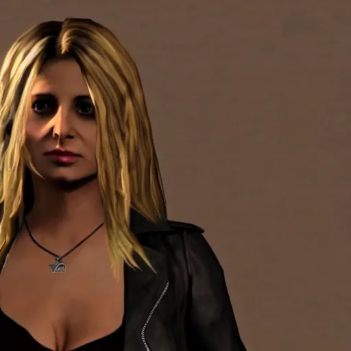 Image similar to Sarah Michelle Gellar wearing a black leather jacket and a silver cross around her neck in GTA 5