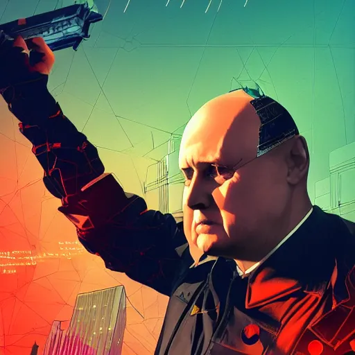 Prompt: cyberpunk mikhail gorbachev as the leader of a futuristic communist nation, cybernetics, sharp lines, digital, artstation, colored in