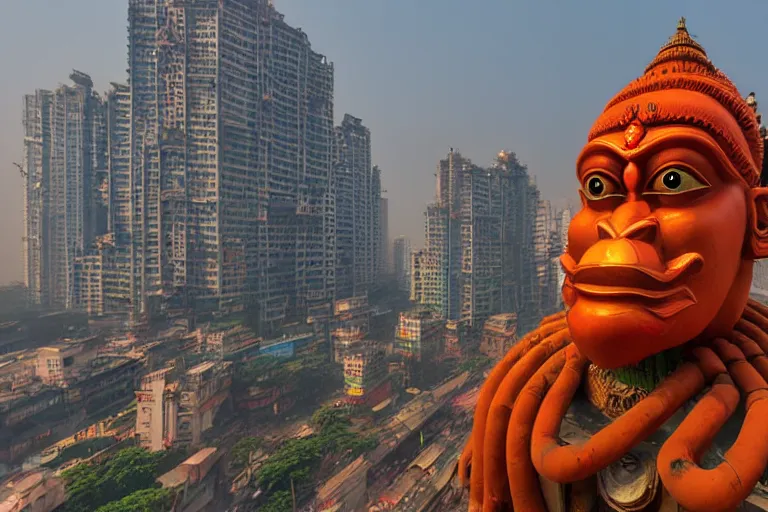 Image similar to high quality 3 d cyberpunk biomorphic hanuman head building in the middle of mumbai!!, kalighat highly detailed, cinematic smooth, stephen shore & john j. park, soft morning light, wide shot, high angle, uhd 8 k, deep focus