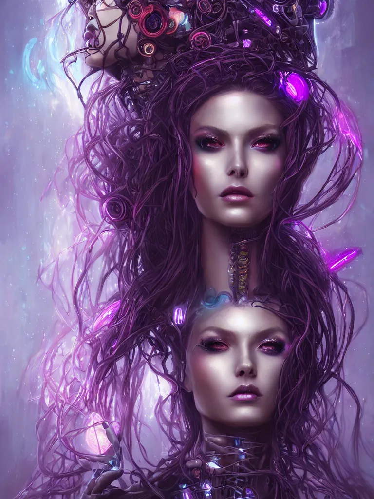 Image similar to half body portrait of a beautiful cyber witch medusa, in a cyberpunk garden, mystic unity, elegant pose, body covers with neon crystals, realistic digital painting, artgerm, sakimichan, huang guangjian