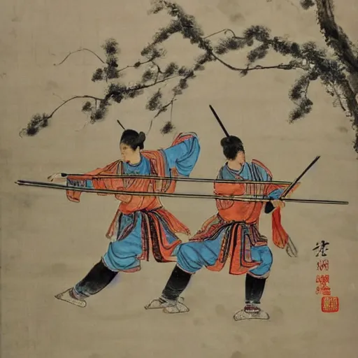 Image similar to chinese painting of two roman soldiers dueling in the fields,