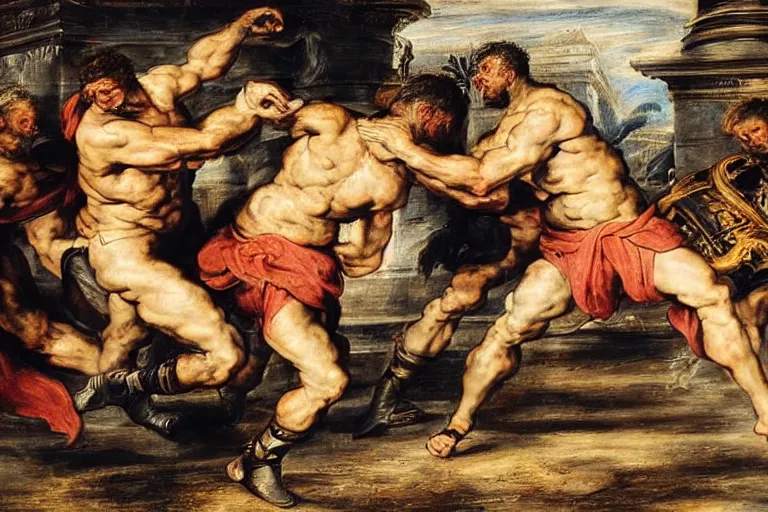 Image similar to a realistic painting of two gladiators fighting each other inside the colosseum, hot weather, brutal fight, extreme detail, action pose Peter Paul Rubens