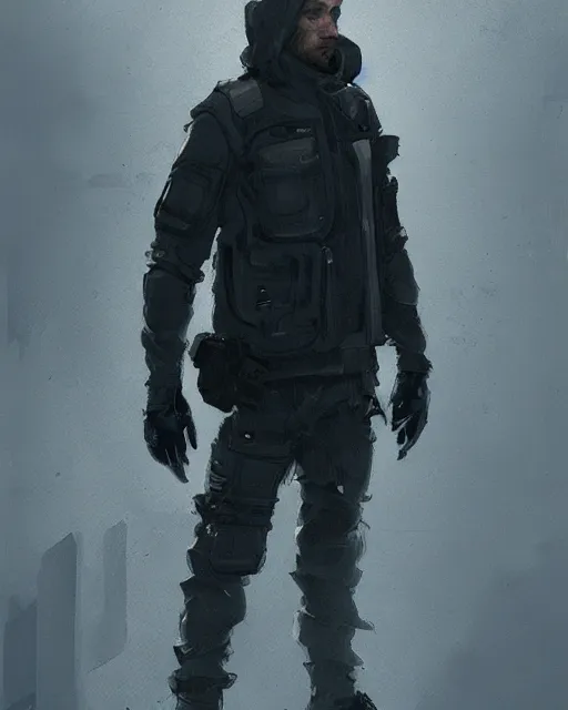 Image similar to Medium shot of a character wearing techwear in the style of greg rutkowski