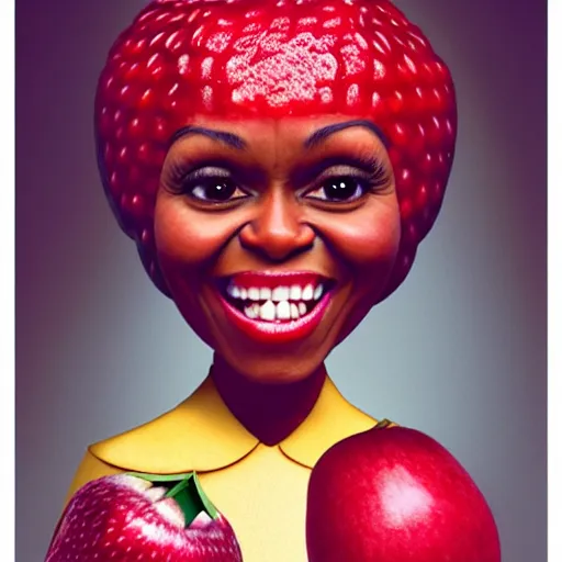 Image similar to fruit character that looks just like michelle obama as a pomegranate, 8 k, fruit eyes, fruit world, beautiful matte painting, by johfra bosschart, hyper realistic, studio lighting, octane render